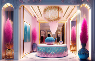 Stunning luxury store window display with pink and blue hanging crystals on back wall, Stunning Lavish apartment interior design . Generative AI