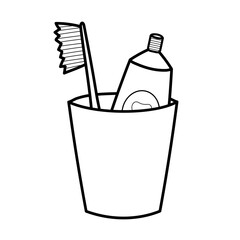 Toothpaste and toothbrush in a glass. Black and white line art element. Vector illustration