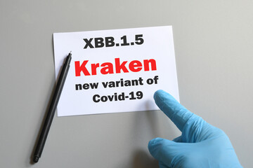 Kraken variant. Hand of the doctor in blue glove hold white sheet with text Covid-19 Kraken Variant...