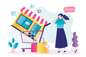 Shopping addiction, shopaholic woman spent lot of money and bought up whole store. Store building in shopping cart. Shopaholic bankrupt, poverty. Unhappy consumer girl. Black friday