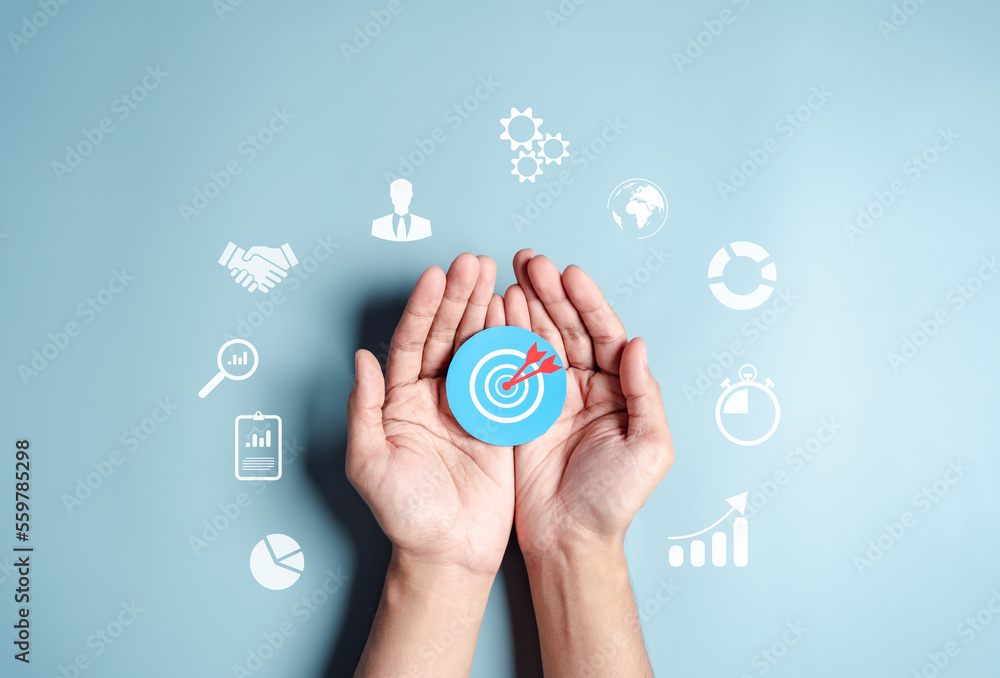 Aufkleber business hands holding target icon, dartboard and arrow for creative and set up business objective t