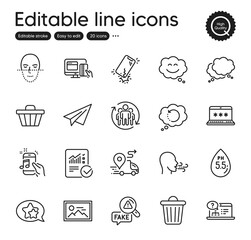 Set of Technology outline icons. Contains icons as Smile chat, Recovery data and Paper plane elements. Breathing exercise, Online help, Fake news web signs. Face recognition. Vector