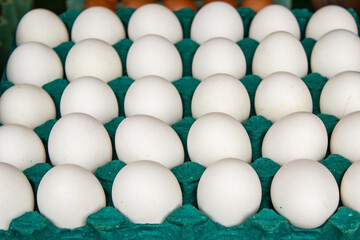 Embalagens de papelão recheadas com ovos brancos à venda na feira.