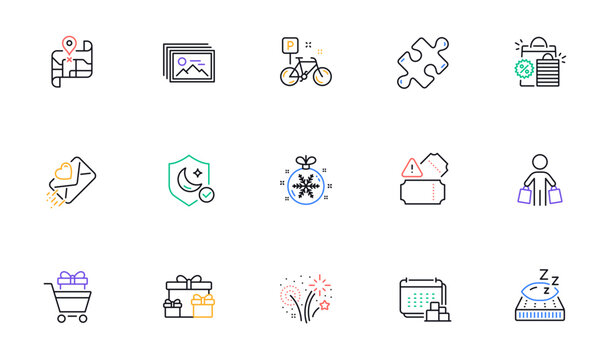 Map, Surprise boxes and Image gallery line icons for website, printing. Collection of Puzzle, Mattress, Delivery icons. Guard, Love letter, Bike web elements. Fireworks, Shopping bags, Tickets. Vector