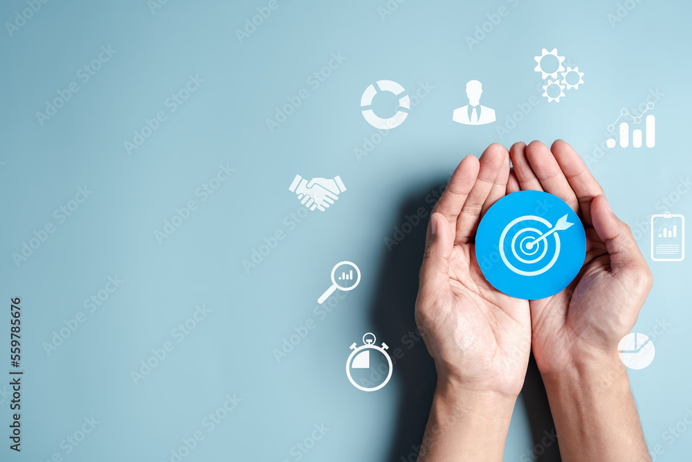 Aufkleber business hands holding target icon, dartboard and arrow for creative and set up business objective t