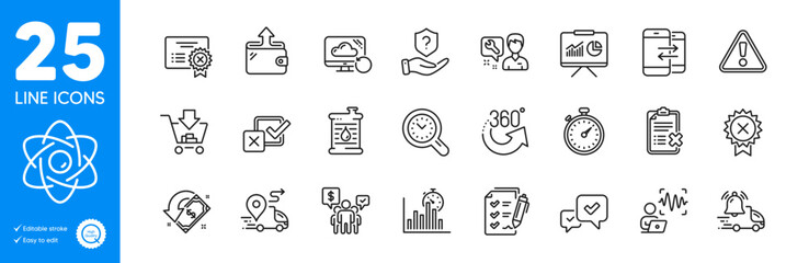 Outline icons set. Timer, Wallet and Teamwork icons. Time management, Repairman, Shopping web elements. Delivery notification, Warning, Voice wave signs. Report timer, Survey checklist. Vector