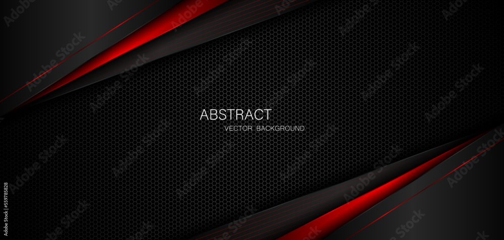 Poster Abstract black and red polygon with red glow lines on dark steel mesh background with free space for design. modern technology innovation concept background
