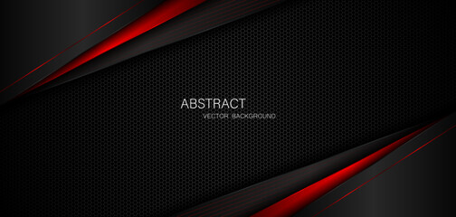 Abstract black and red polygon with red glow lines on dark steel mesh background with free space for design. modern technology innovation concept background

