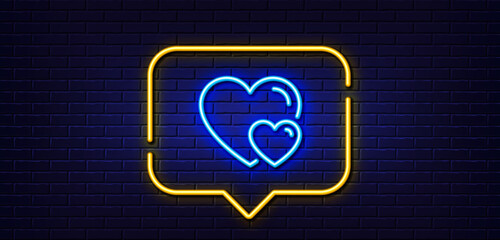 Neon light speech bubble. Couple Love line icon. Two Hearts sign. Valentines day symbol. Neon light background. Hearts glow line. Brick wall banner. Vector