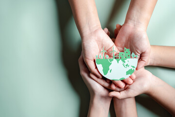 Hands together holding ESG Environmental, environmental, social, and governance in sustainable and ethical business on the Network connection.