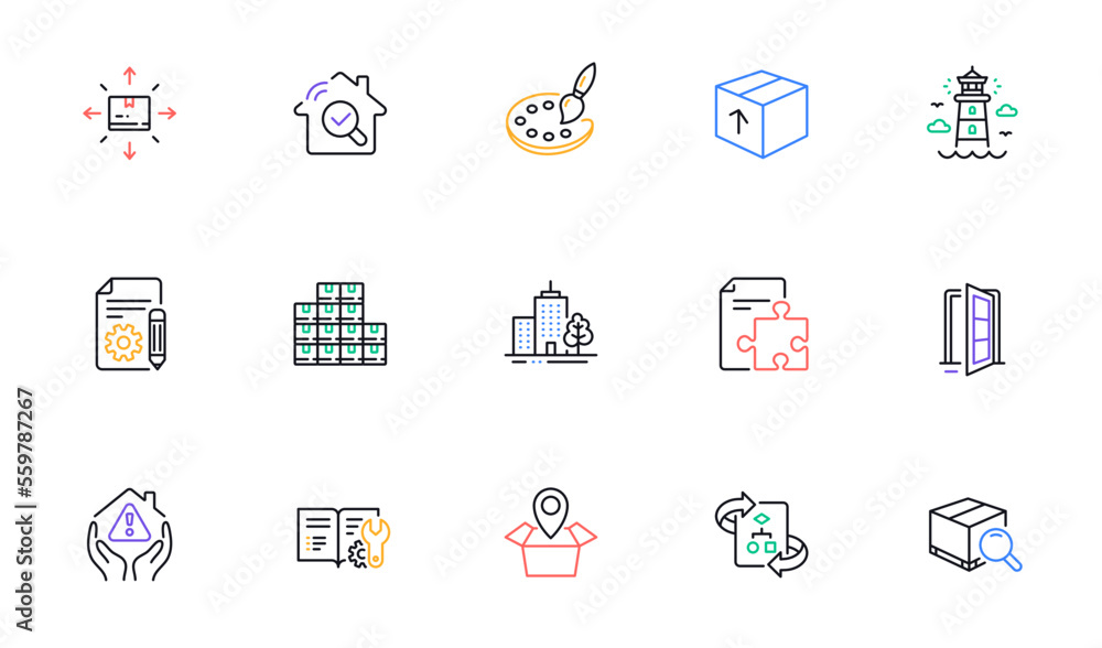 Poster documentation, wholesale inventory and technical algorithm line icons for website, printing. collect