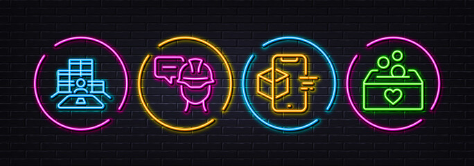 Foreman, Augmented reality and Inventory minimal line icons. Neon laser 3d lights. Donation icons. For web, application, printing. Engineer person, Phone simulation, Goods operator. Money box. Vector