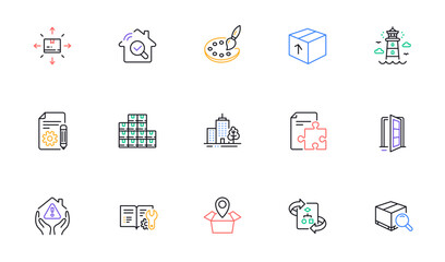 Documentation, Wholesale inventory and Technical algorithm line icons for website, printing. Collection of House protection, Package, Inspect icons. Lighthouse, Package location. Vector