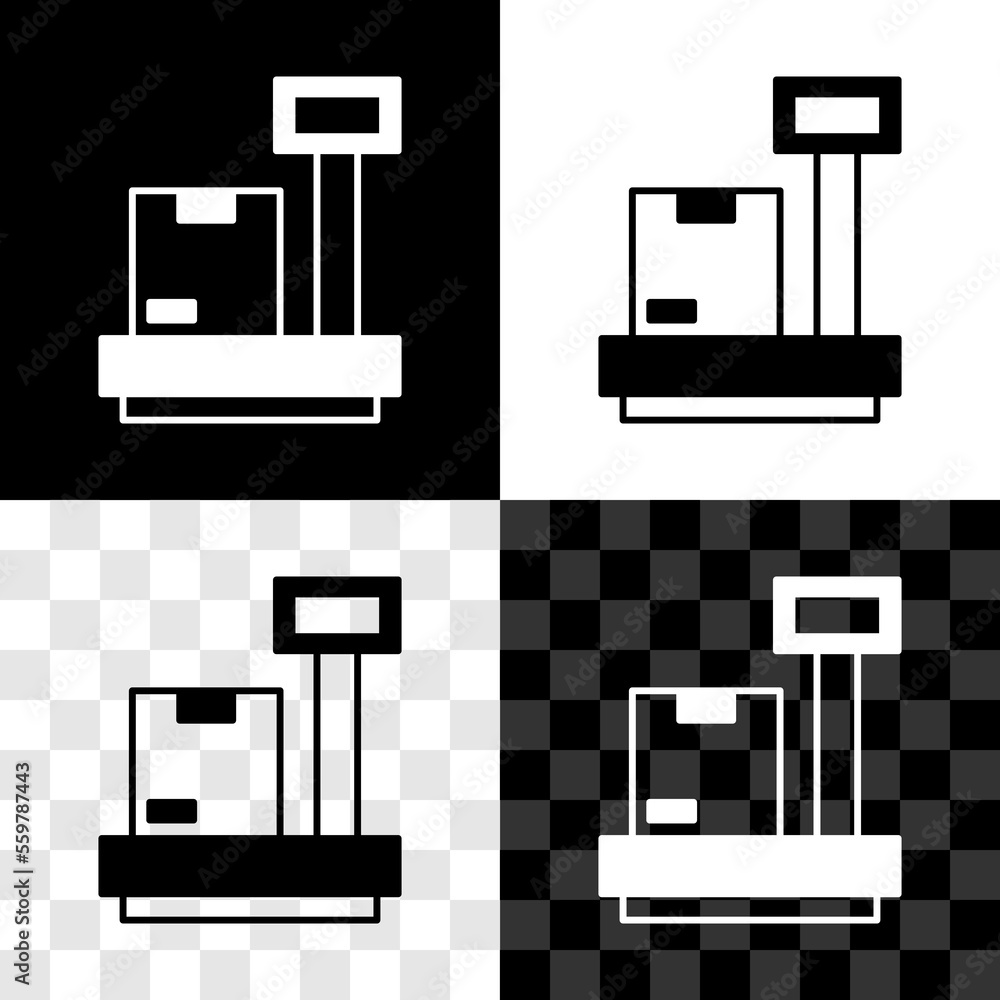 Poster set scale with cardboard box icon isolated on black and white, transparent background. logistic and 