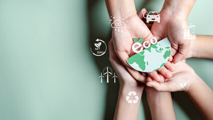 Hands together holding ESG Environmental, environmental, social, and governance in sustainable and ethical business on the Network connection.