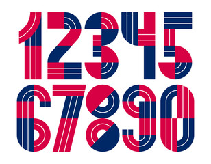 Geometric numbers set, vector digits, retro 90s style trendy numerals made with geometry elements, lined stripy design.