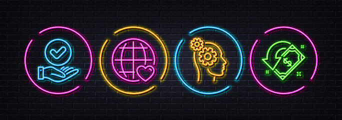 Approved checkbox, Thoughts and International love minimal line icons. Neon laser 3d lights. Cashback icons. For web, application, printing. Verification, Business work, Internet dating. Vector