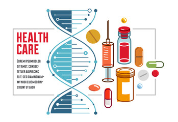 DNA strand based medical theme composition with lots of different drugs and meds vector illustration isolated, drugstore or medical biotechnology scientific research.