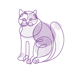 Nice cute cat linear vector illustration, line art drawing of pussycat relaxing, artistic outline minimal sketch of fat and lazy cat.
