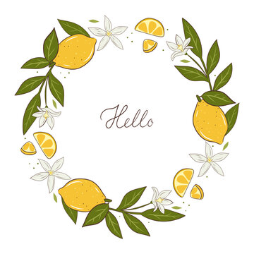 Round frame with lemons isolated on white background. Vector graphics.