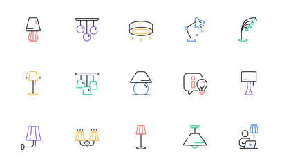 Lamps line icons. Spotlight led, Table Lamp and Floor Light. Modern chandelier, Electric light illuminate and Wall lamp icons. Lightbulb info, stand lamp and street light. Wall sconce. Vector