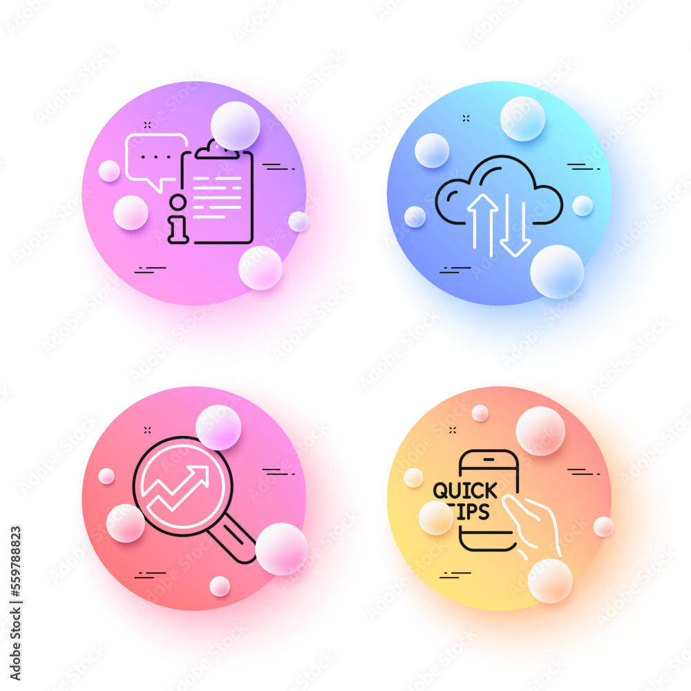 Poster cloud sync, clipboard and analytics minimal line icons. 3d spheres or balls buttons. education icons