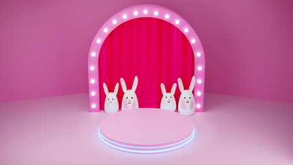 Rabbit and 3D rendering cute rabbit cartoon character with podium