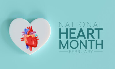 National Heart month is observed every year in February, to adopt healthy lifestyles to prevent heart disease (CVD). 3D Rendering