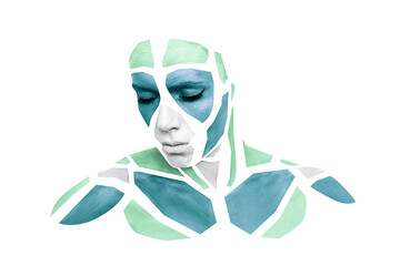 Portrait of a human with creative art makeup posing in the studio. Shape of gray and colored blue polygons on beautiful face, neck and shoulders. Parts of face isolated on white background.