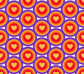 Groovy Hearts Seamless Pattern. Psychedelic Distorted Vector Background in 1970s-1980s Hippie Retro Style for Print on Textile, Wrapping Paper, Web Design and Social Media. Pink and Purple Colors.