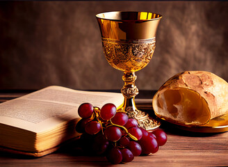 Holy communion on wooden table on church.Taking holy Communion.Cup of glass with red wine, bread.The Feast of Corpus Christi Concept. Generative AI.