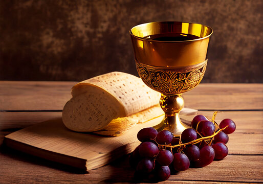 Holy communion on wooden table on church.Taking holy Communion.Cup of glass with red wine, bread.The Feast of Corpus Christi Concept. Generative AI.