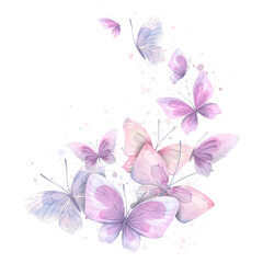 Naklejka na ściany i meble Lilac, pink and blue butterflies with splashes of paint. Watercolor illustration. Composition from the collection of CATS AND BUTTERFLIES. For the design and decoration of prints, postcards, posters
