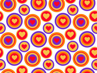 Groovy Hearts Seamless Pattern. Psychedelic Distorted Vector Background in 1970s-1980s Hippie Retro Style for Print on Textile, Wrapping Paper, Web Design and Social Media. Pink and Purple Colors.