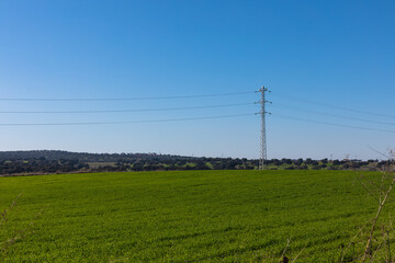 view of the countryside with green grass and mountains behind in blue sky day with electric tower crossing the landscape