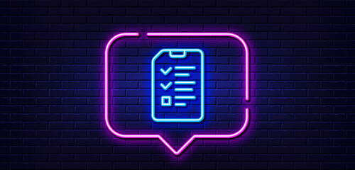 Neon light speech bubble. Checklist Document line icon. Information File sign. Paper page concept symbol. Neon light background. Interview glow line. Brick wall banner. Vector