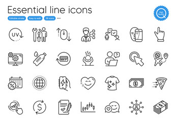 Online question, Approved agreement and Networking line icons. Collection of Graph chart, Calendar discounts, Charging app icons. Dating, Water bottle, Usd currency web elements. Banking. Vector