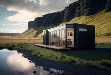 illustration concept of sustainability and recycle , container box remake as restaurant, office or house, modern and Contemporary design with nature landscape background, highland with rock cliff
