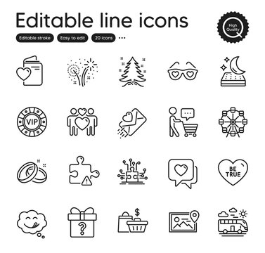 Set of Holidays outline icons. Contains icons as Be true, Bus travel and Heart elements. Yummy smile, Wedding rings, Puzzle web signs. Christmas tree, Secret gift, Love document elements. Vector