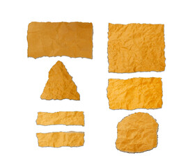 Torn, crumpled, brown paper on white background.