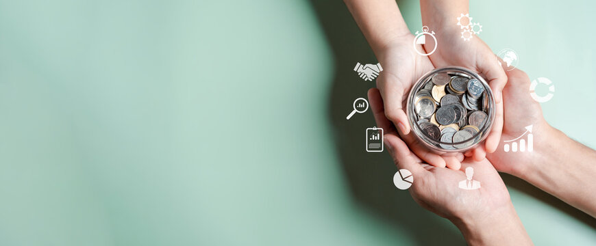 Hands Of Adult And Child Holding Money Jar, Donation, Saving, Fundraising Charity, Family Finance Plan, Inflation, Superannuation, Investment, Retirement Concept