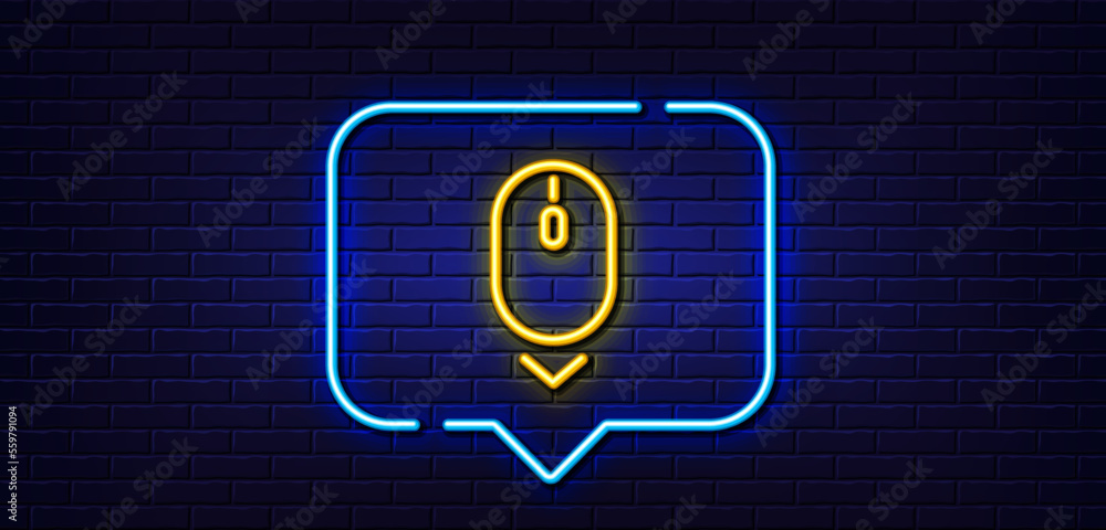 Poster neon light speech bubble. scroll down mouse line icon. scrolling screen sign. swipe page. neon light