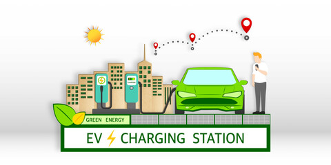 Electric car connect to smartphone for finding location nearby charging station, Renewable energy, Environmentally sustainability, Green cities and Transportation technologies for Pollution Reduction.
