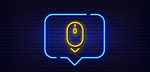 Neon light speech bubble. Scroll down mouse line icon. Scrolling screen sign. Swipe page. Neon light background. Scroll down glow line. Brick wall banner. Vector