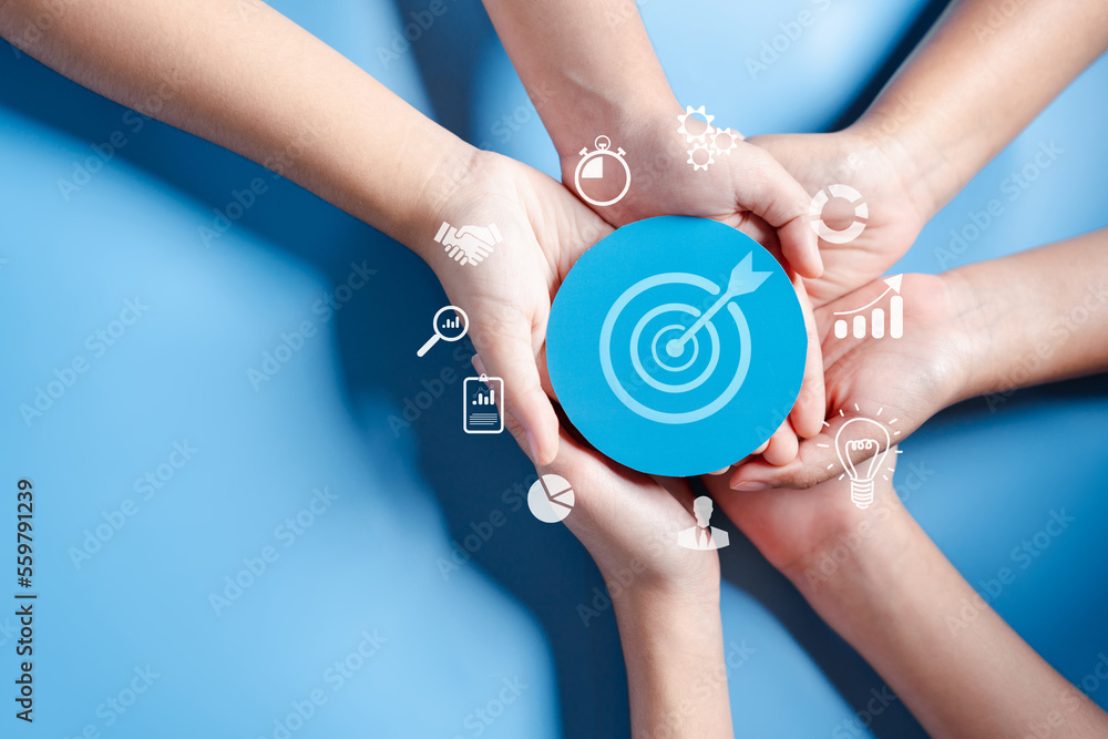 Aufkleber business hands holding target icon, dartboard and arrow for creative and set up business objective t
