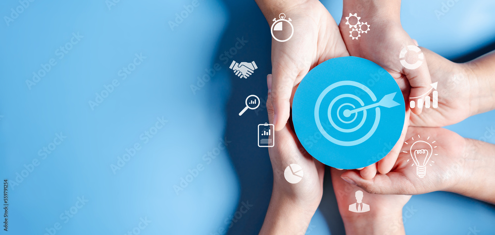 Aufkleber business hands holding target icon, dartboard and arrow for creative and set up business objective t
