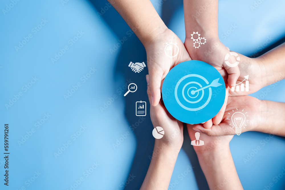 Aufkleber business hands holding target icon, dartboard and arrow for creative and set up business objective t
