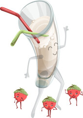 Vector image of creating a cocktail of milk and berries for the packaging of a children's milk drink. Cartoon. EPS 10