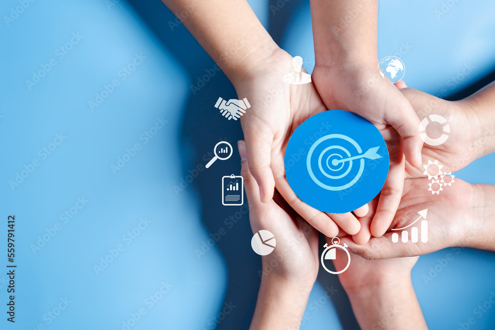 Aufkleber business hands holding target icon, dartboard and arrow for creative and set up business objective t