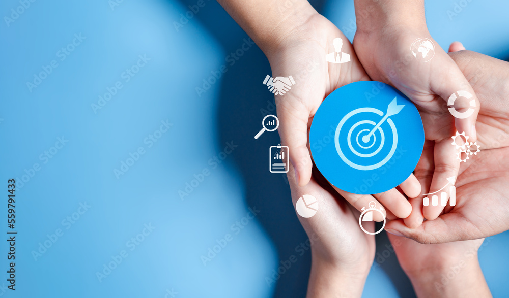 Aufkleber business hands holding target icon, dartboard and arrow for creative and set up business objective t